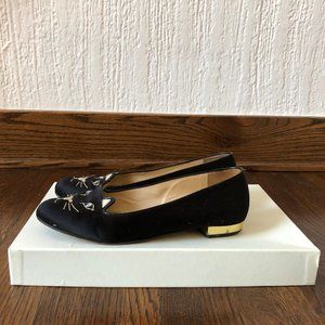 Charlotte Olympia- Kitty Flats, Black Satin